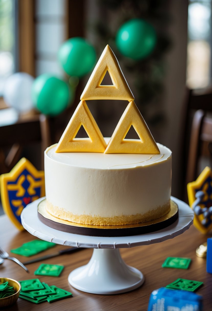A golden Triforce-shaped cake on a white stand surrounded by gaming-themed decorations on a wooden table.