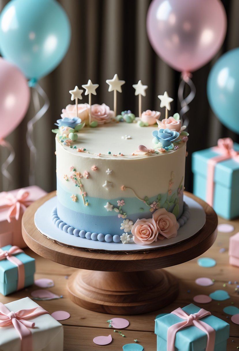 A farewell cake decorated with pastel flowers and surrounded by balloons and gift boxes on a wooden table.
