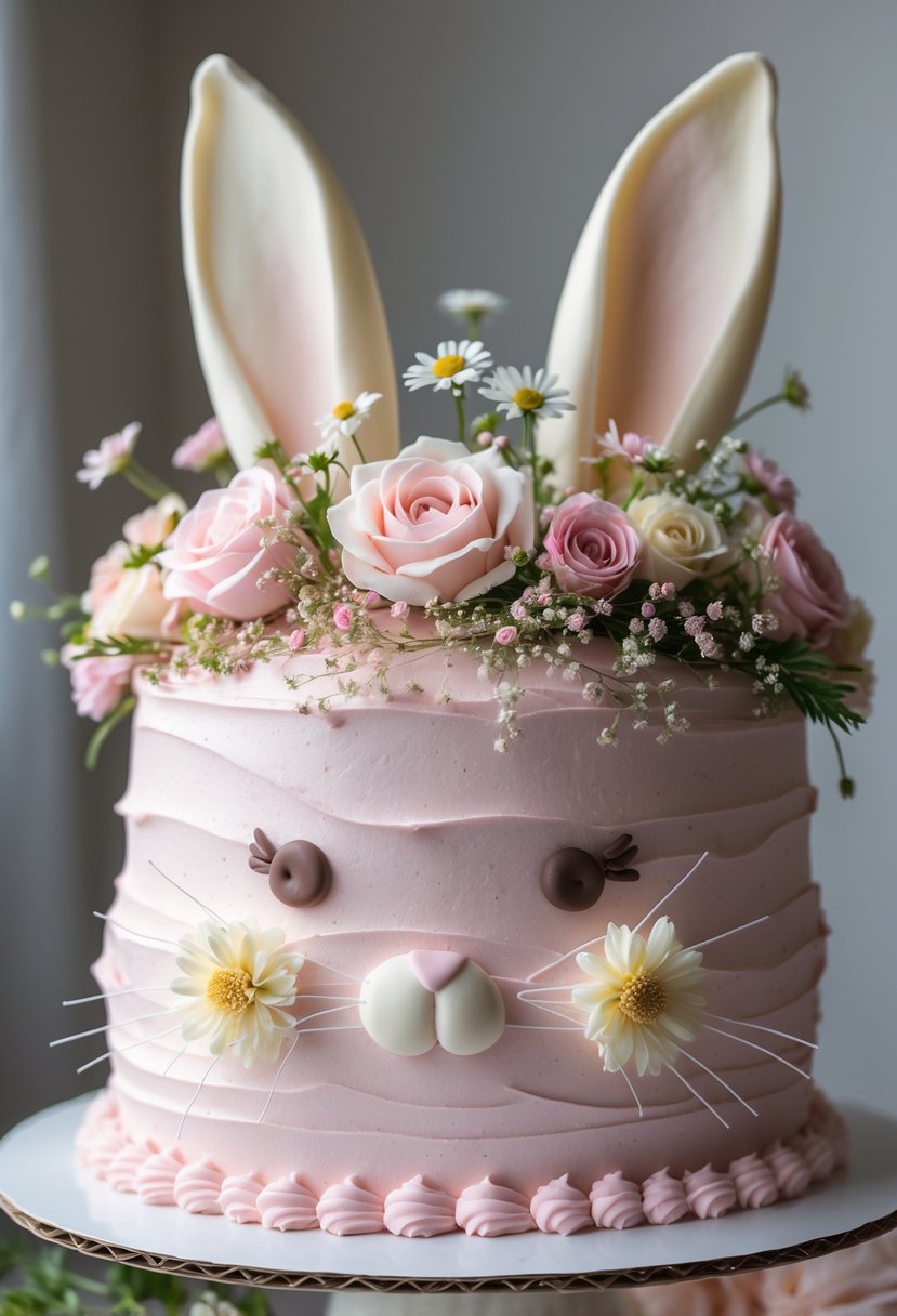 A pink bunny-shaped cake decorated with a floral crown of pastel flowers on a white cake stand.