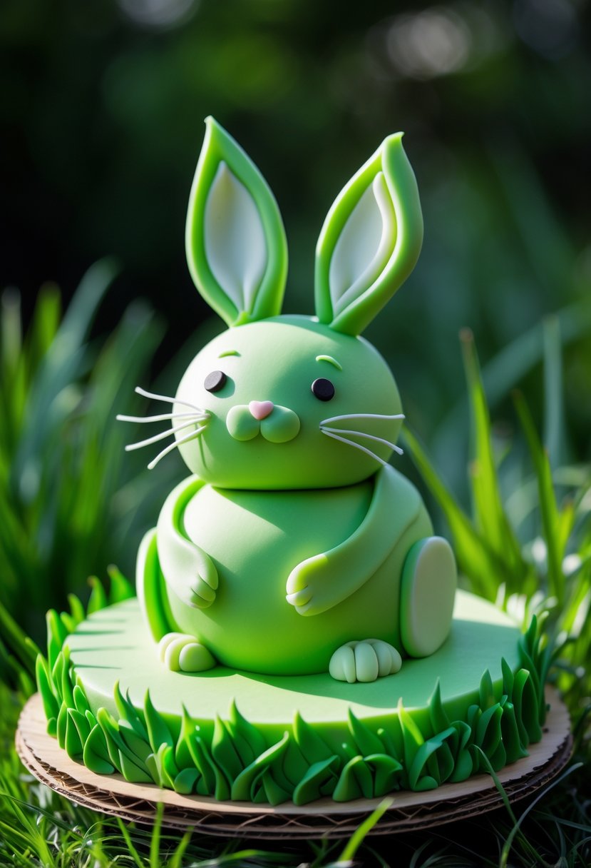 A green fondant bunny cake sitting on a base of fresh green grass.