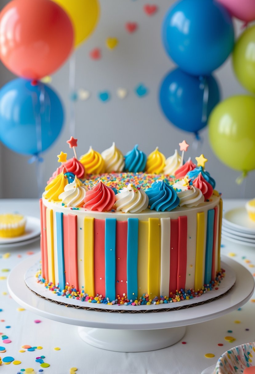 A colorful farewell cake decorated with bright frosting and sprinkles on a white table with party decorations in the background.