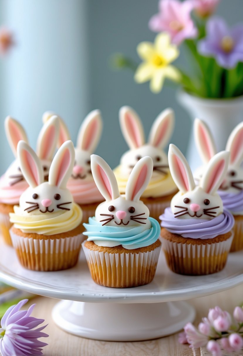 Close-up of mini bunny-shaped cupcakes with pastel icing arranged on a white platter on a wooden table.