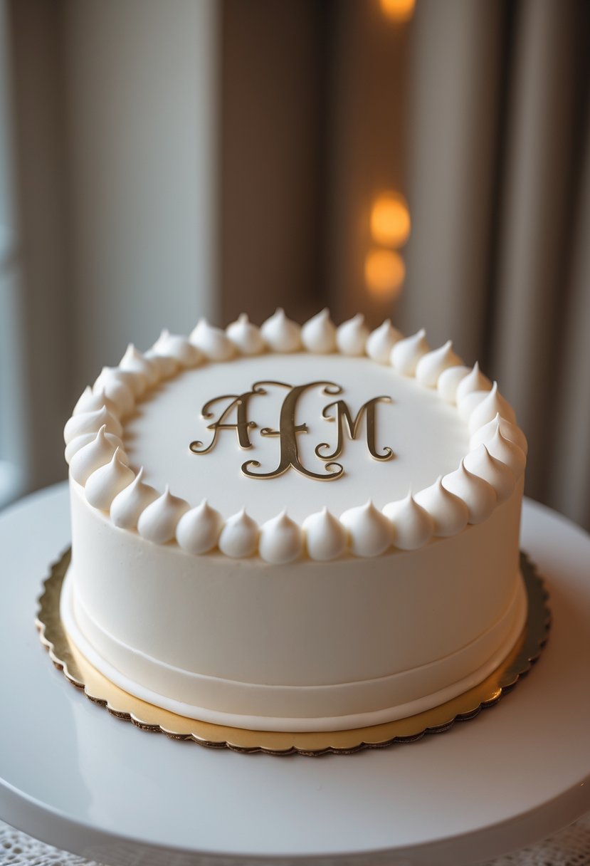 A round farewell cake with monogram initials and a simple border on a table.