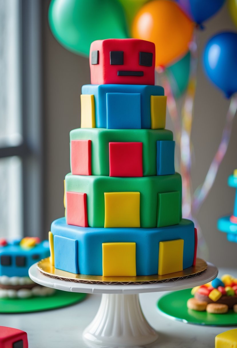 A multi-tiered colorful block cake inspired by Roblox, decorated with bright square and rectangular shapes on a white cake stand.