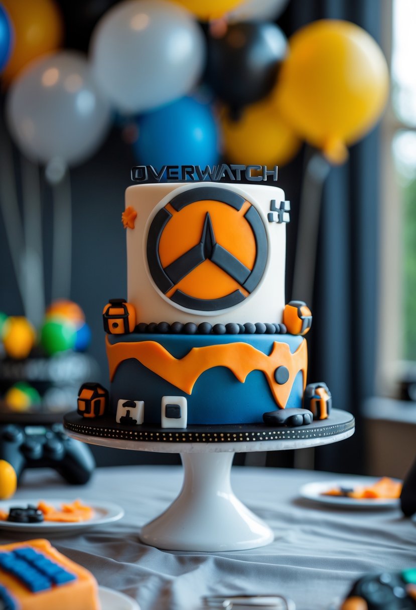 A multi-tiered cake decorated with the Overwatch logo and gaming-themed decorations on a party table.