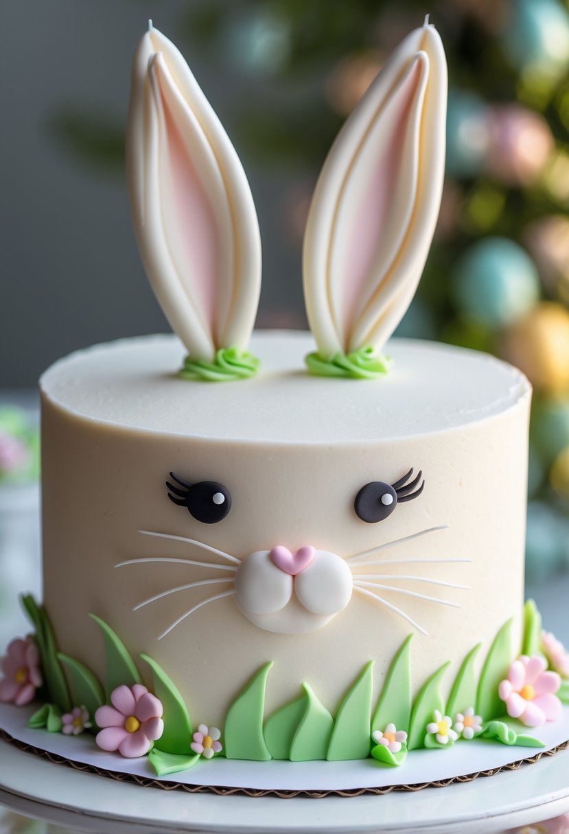 A decorated Easter Bunny cake with rolled fondant ears, featuring a bunny face and pastel colors on a white cake board.