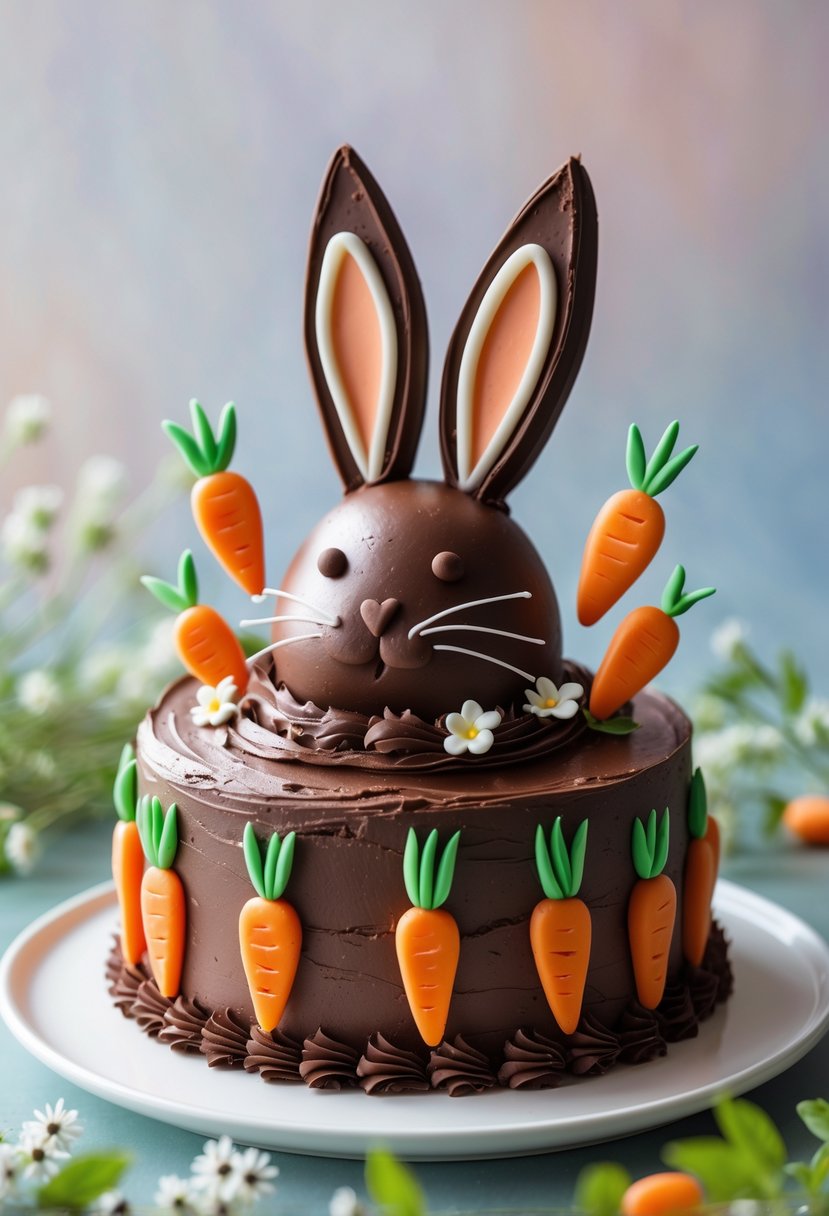 A chocolate bunny-shaped cake decorated with carrot-shaped icing on a white plate with soft pastel background and spring-themed decorations.