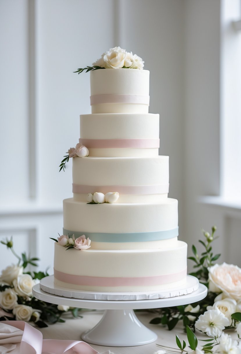 A multi-tiered white cake with pastel ribbon accents on a white stand on a wooden table.
