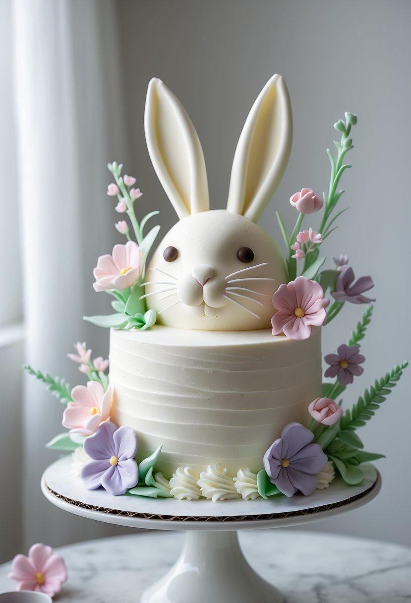A white buttercream bunny cake decorated with pastel sugar flowers on a white cake stand.