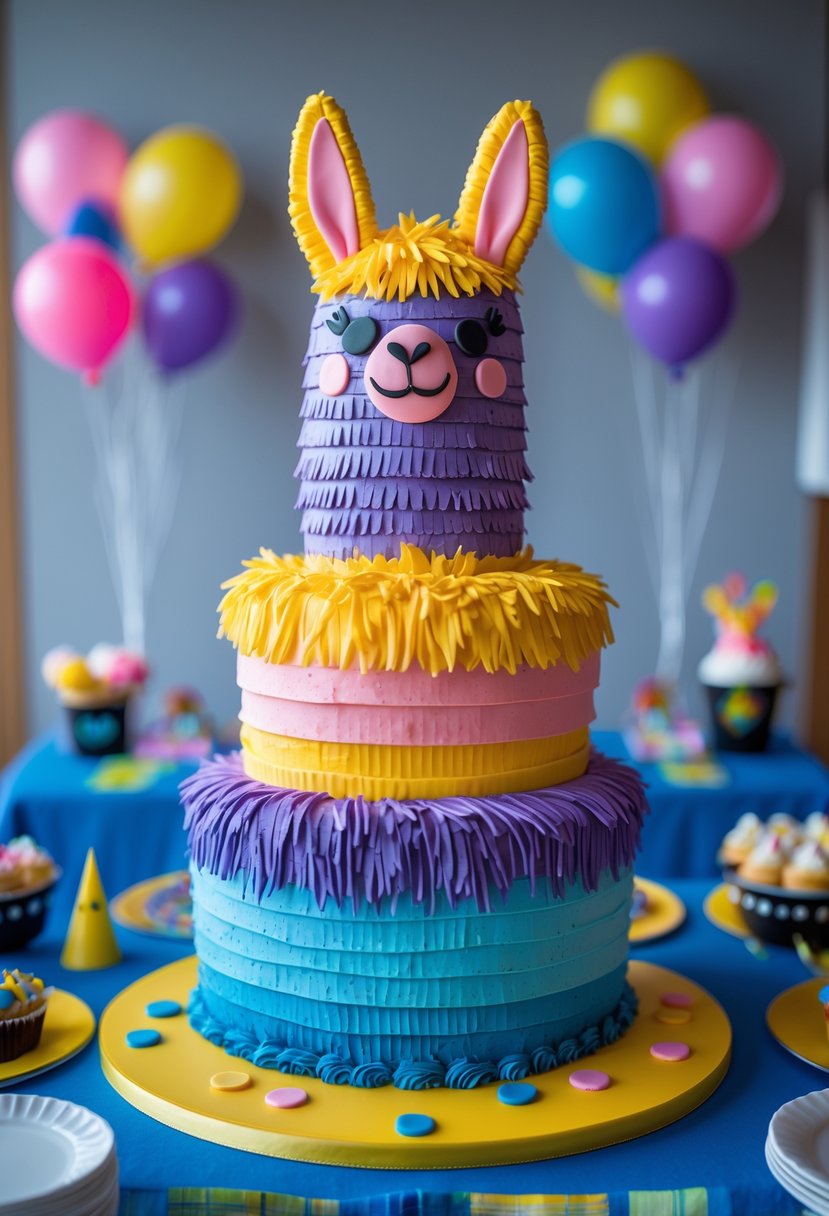 A colorful Fortnite llama piñata cake on a party table with balloons and decorations in the background.