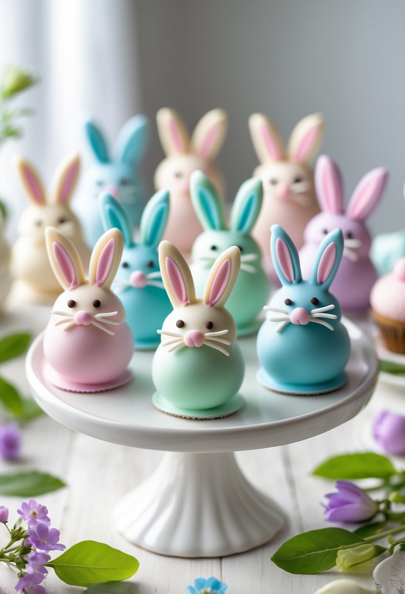 A collection of pastel-colored bunny-shaped cake pops displayed on a white stand with flowers and leaves around them.