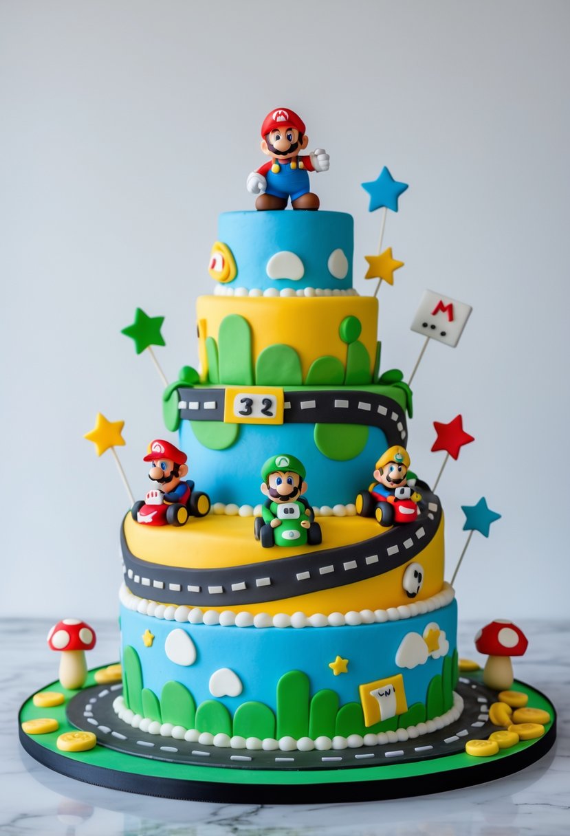 A colorful multi-tiered Mario Kart racing cake with edible figurines of Mario characters on a race track, decorated with gaming-themed edible elements.