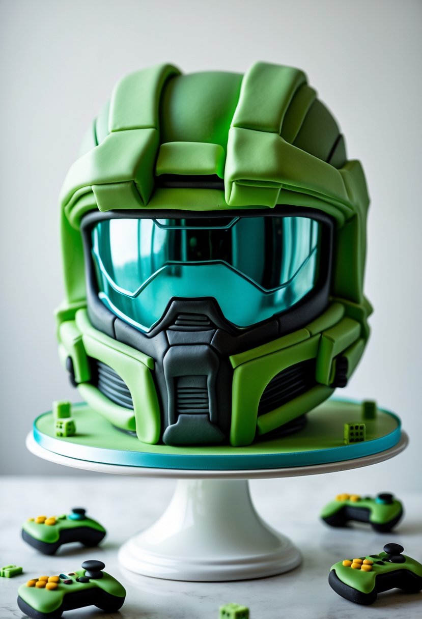 A detailed cake shaped like the Halo Master Chief helmet displayed on a cake stand with gaming-themed decorations around it.