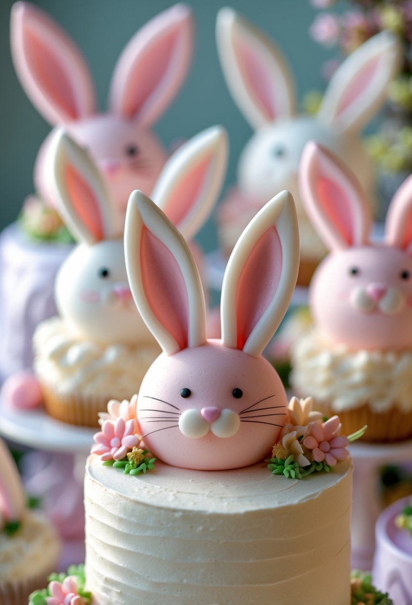 Close-up of cakes decorated with pink and white bunny ear cake toppers surrounded by small flowers.