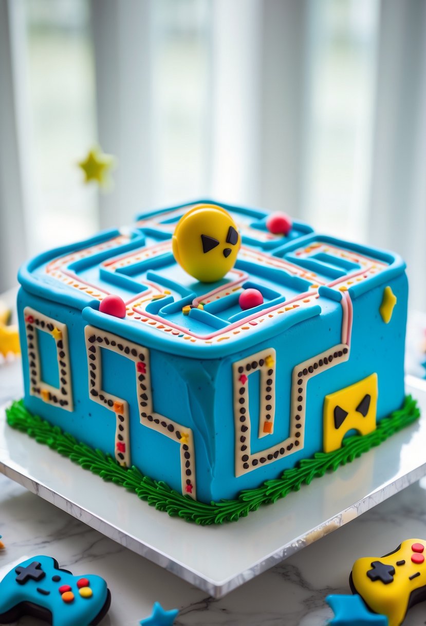 A colorful Pac-Man maze cake decorated with edible Pac-Man and ghosts on a white surface with gaming-themed decorations around it.