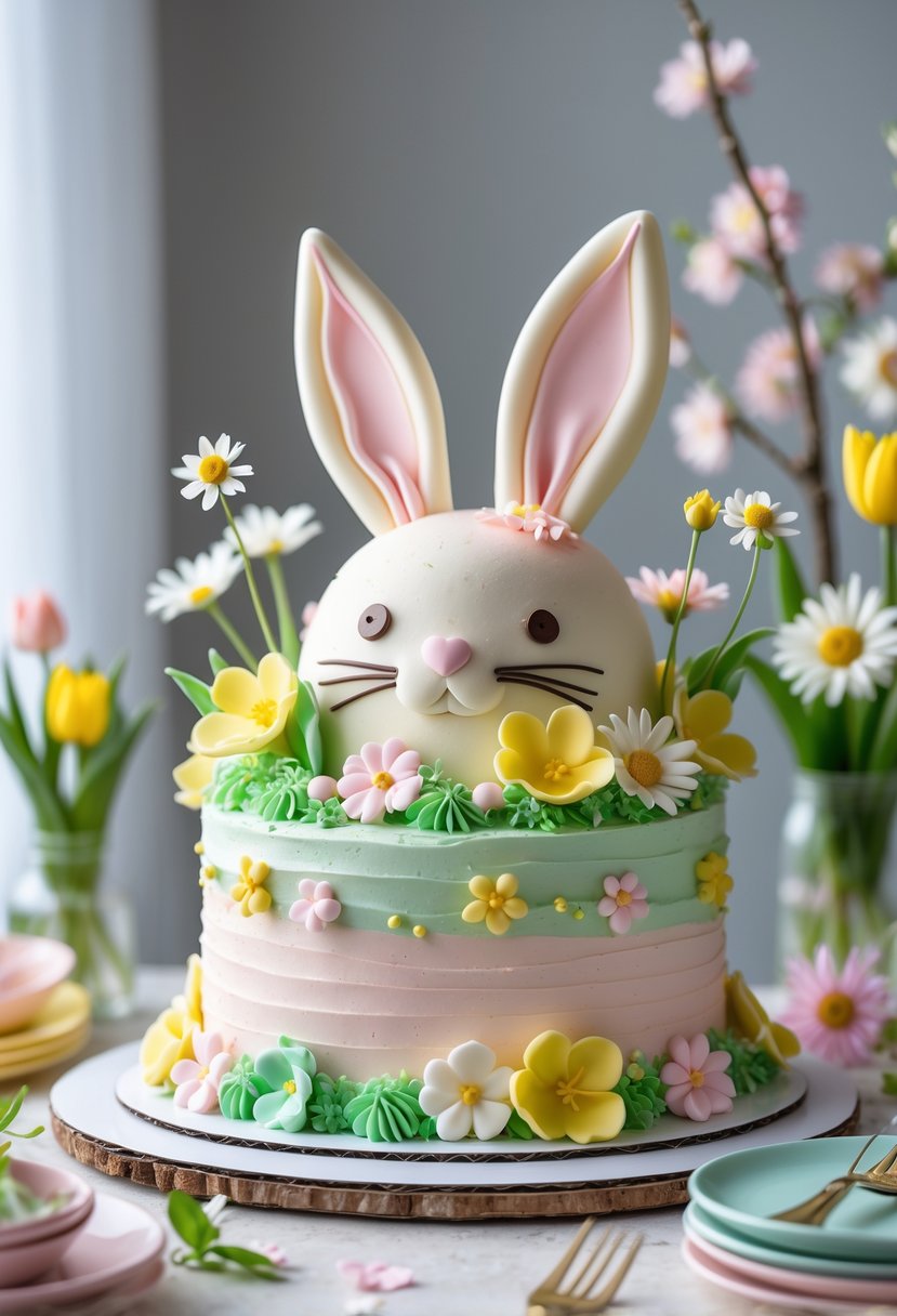 A spring-themed bunny cake decorated with pastel flowers on a neutral surface with spring flowers around it.