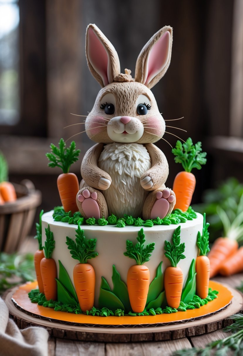 A detailed carrot patch cake topped with a cute bunny figure and surrounded by fondant carrots and green leaves on a wooden surface.