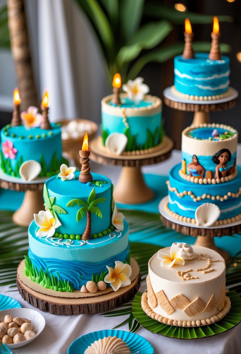 A table displaying sixteen colorful Moana-themed cakes decorated with tropical island elements like palm trees, seashells, and flowers.