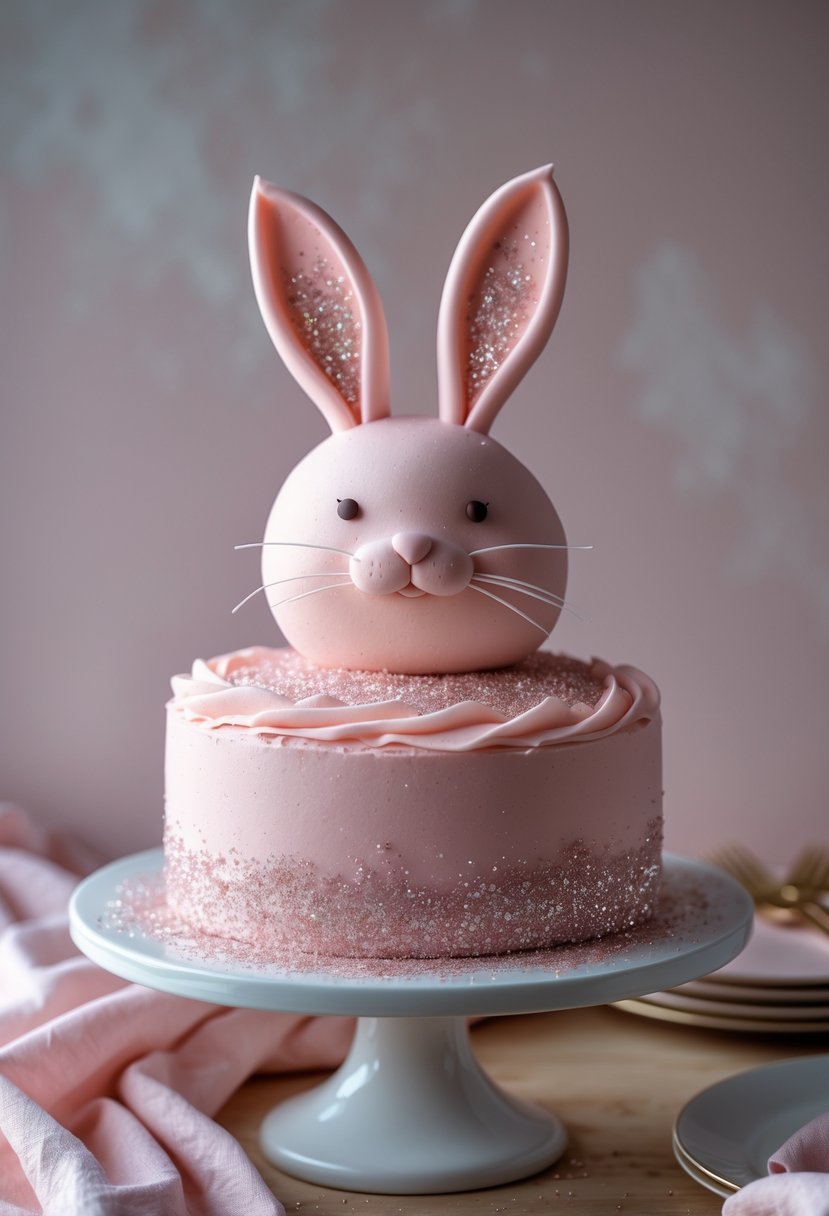 A soft pink bunny-shaped cake decorated with edible glitter on a white cake stand.