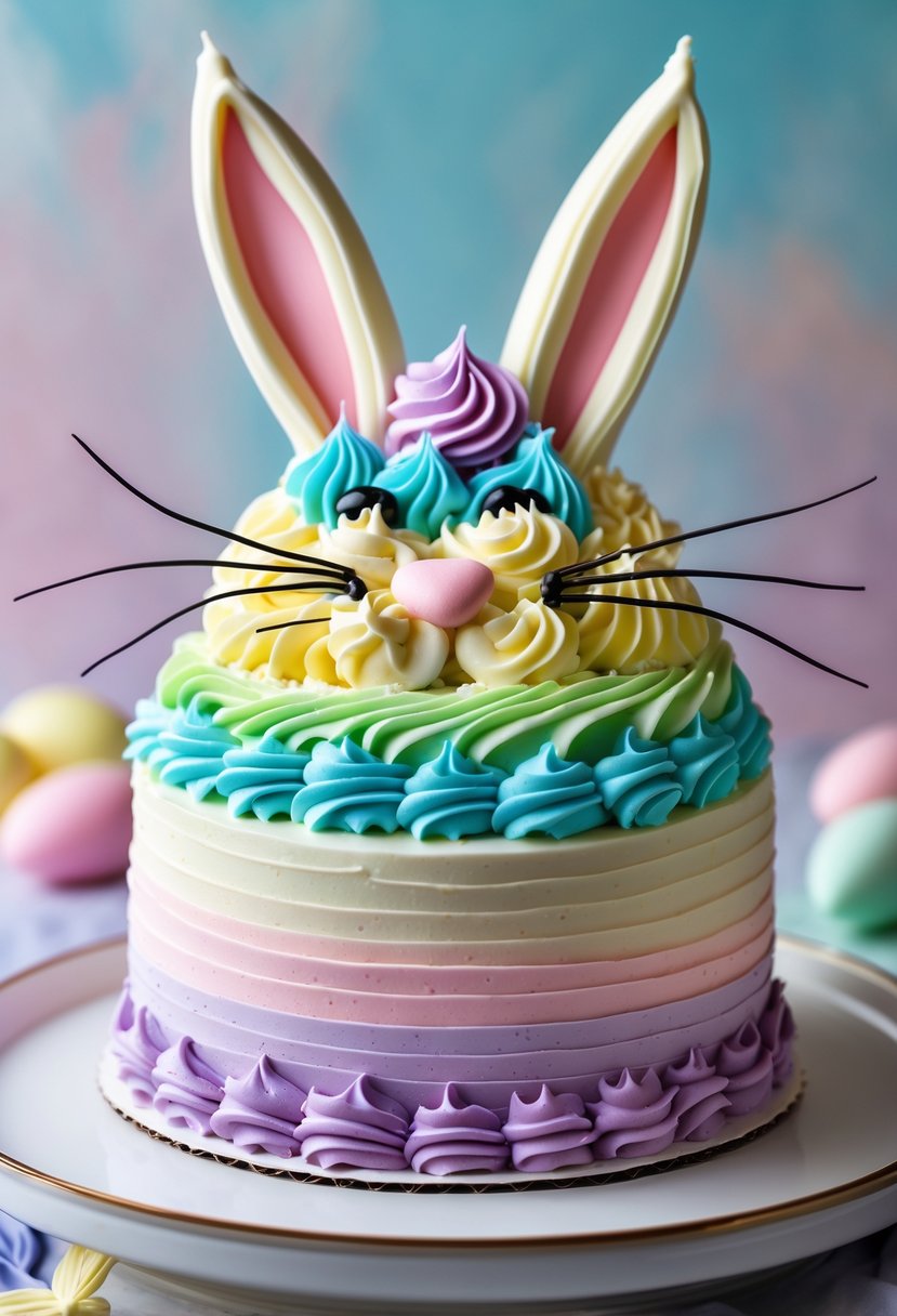 A colorful bunny-shaped cake decorated with multicolor frosting on a white plate.