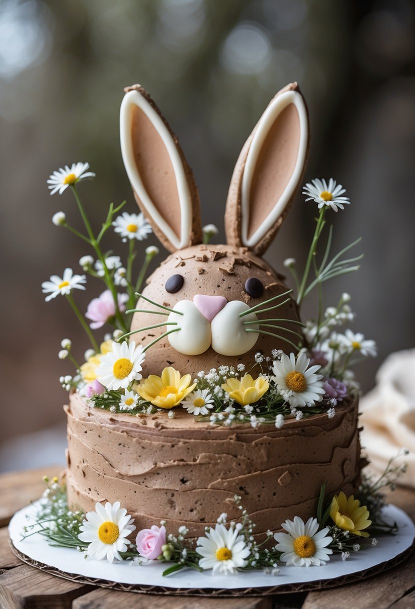 A bunny-shaped cake decorated with natural flowers placed on a wooden surface.