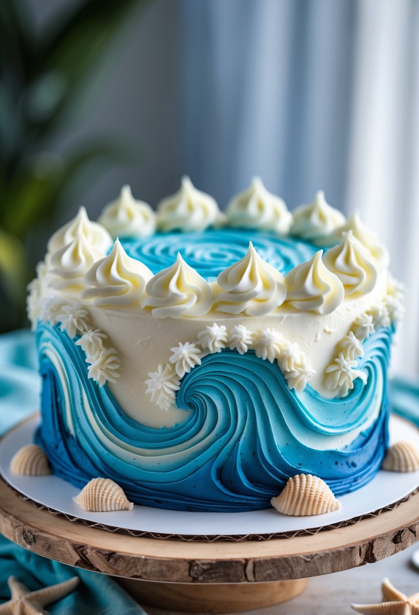 A close-up of a cake decorated with blue and white buttercream waves resembling the ocean, surrounded by small seashell decorations.