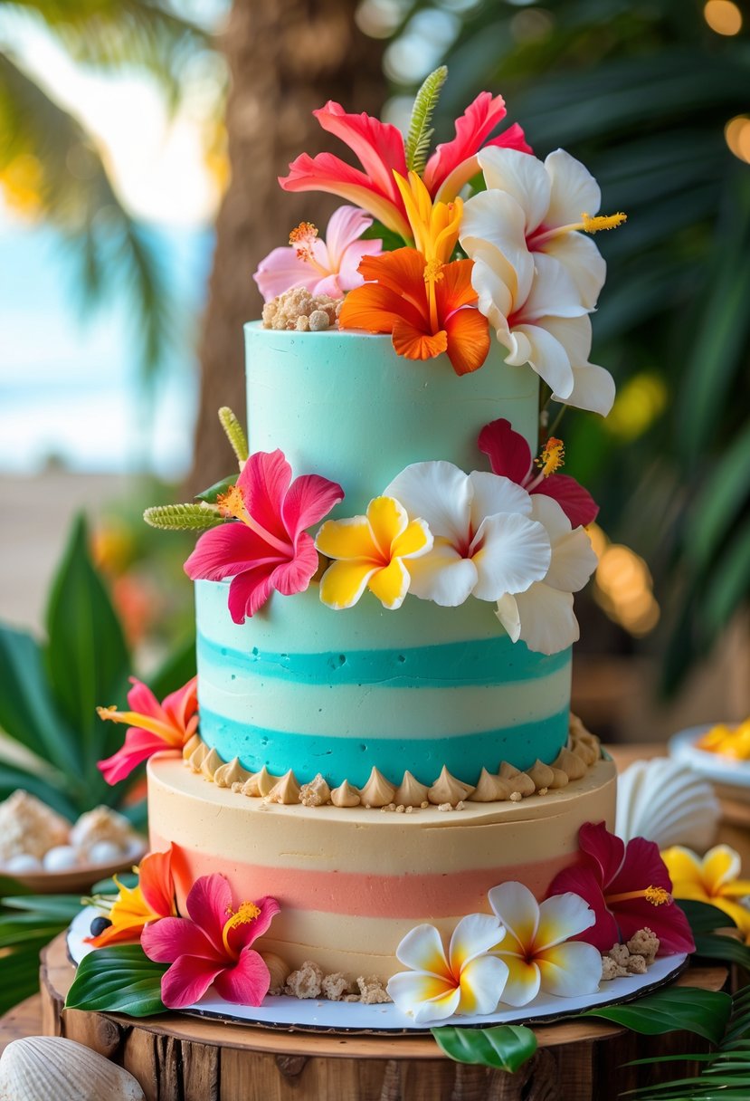 A colorful Moana-themed multi-tiered cake decorated with edible tropical flowers, surrounded by tropical leaves and seashells on a wooden table.