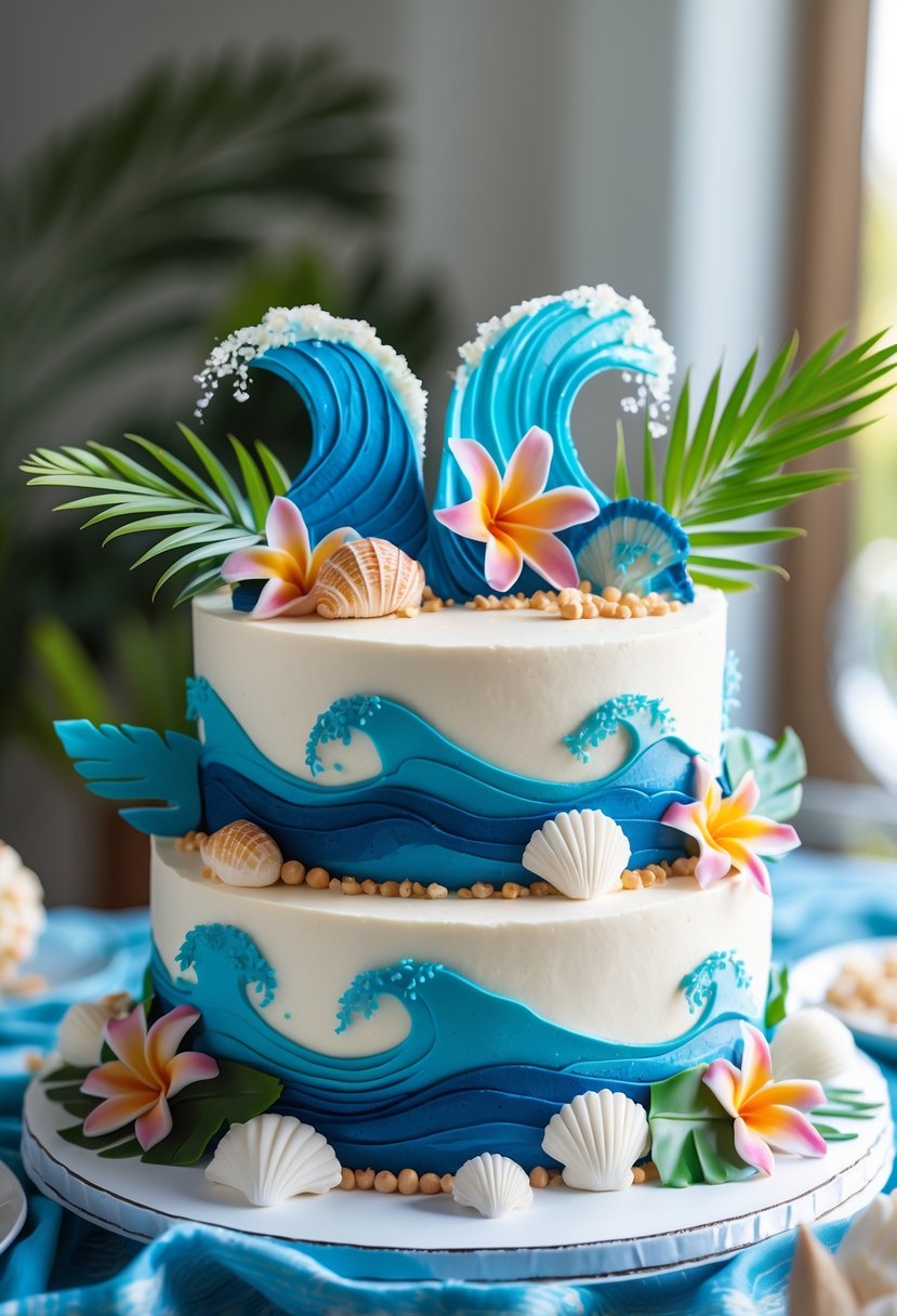 A colorful Moana-themed cake decorated with rice paper ocean waves, tropical flowers, and seashells on a bright festive table.