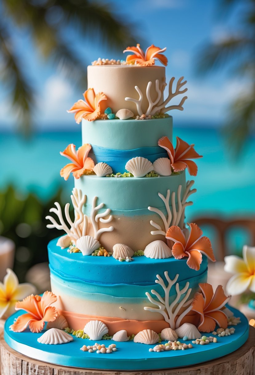A multi-tiered cake decorated with coral reef fondant accents and tropical flowers, set against a soft beach-themed background.