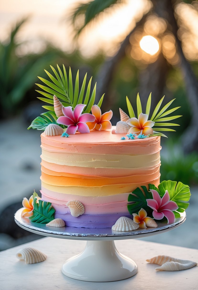 A colorful cake with a sunset-colored buttercream finish decorated with tropical flowers and seashells on a white stand.
