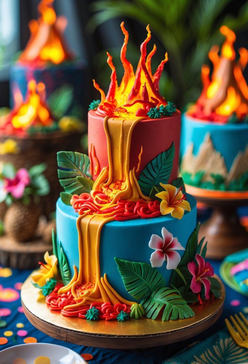 A display of colorful volcanic-themed cakes with fiery lava designs and tropical decorations on a festive table.