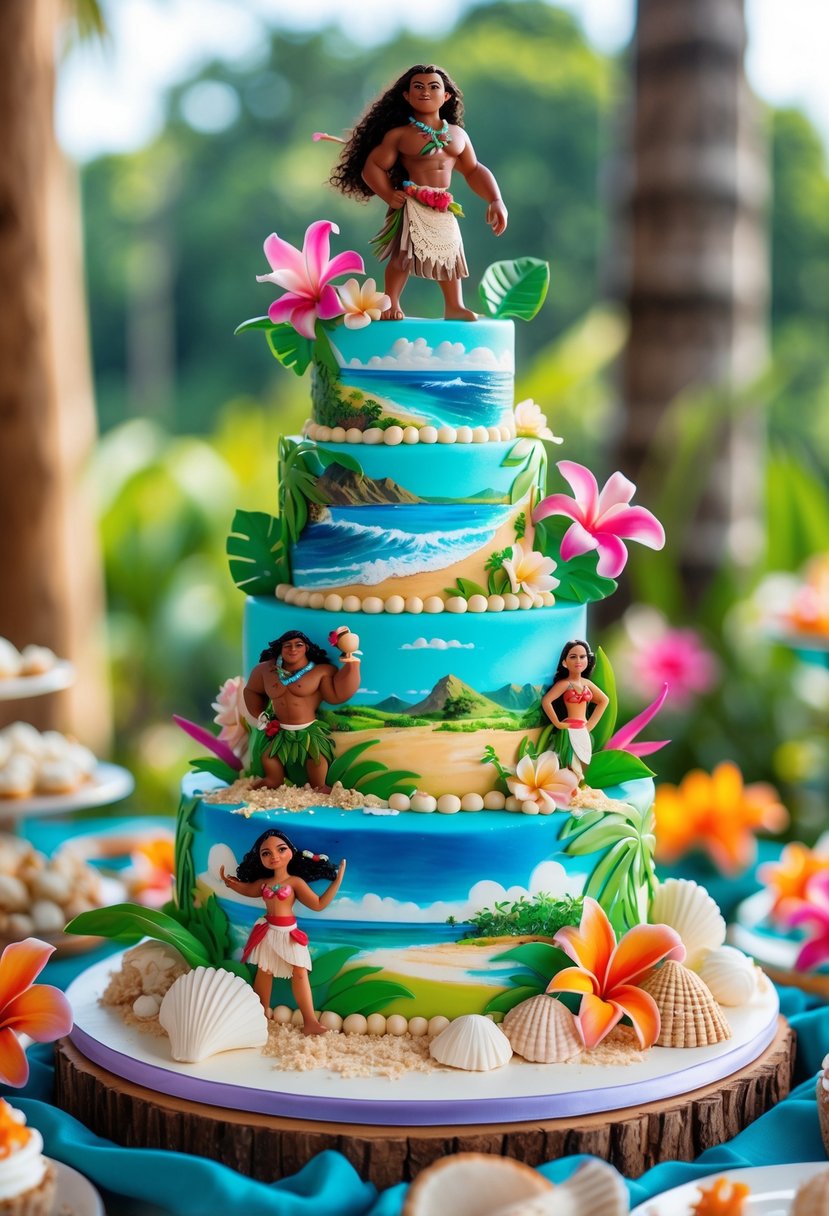 A multi-tiered celebration cake decorated with hand-painted scenes and characters from Moana, surrounded by tropical flowers and festive decorations.