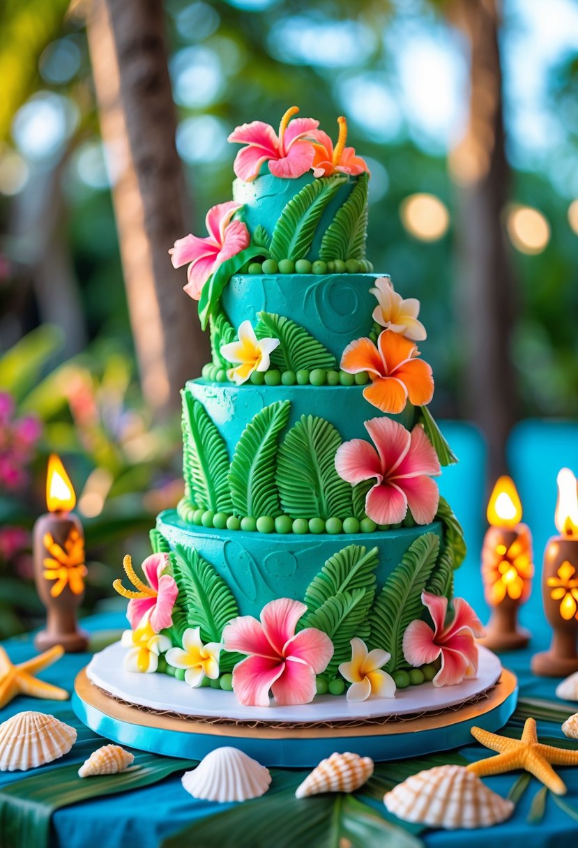 A multi-tiered tropical-themed cake decorated with palm leaf piping and colorful tropical flowers on a festive table with island-inspired decorations.