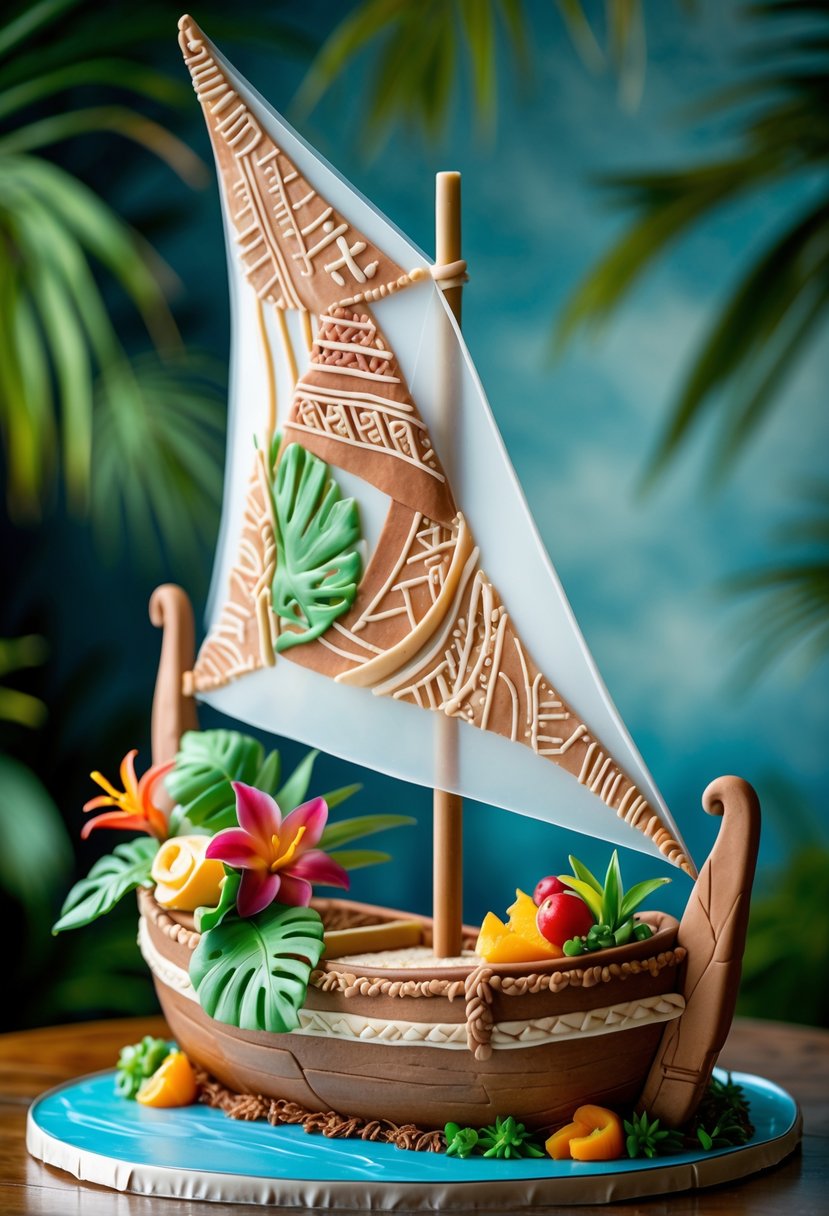 A detailed cake shaped like Moana's boat with an edible sail, decorated with tropical flowers and leaves on a wooden table.