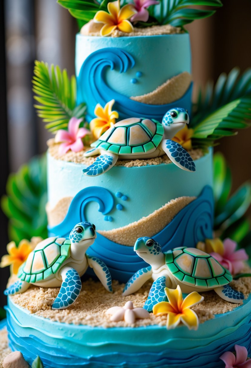 A tropical-themed cake decorated with colorful fondant sea turtle figures, ocean waves, flowers, and palm leaves.