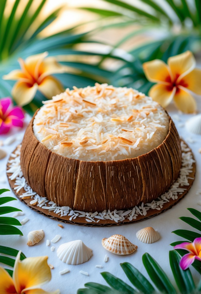 Close-up of a coconut shell cake base surrounded by tropical leaves, flowers, and seashells on a softly lit surface.