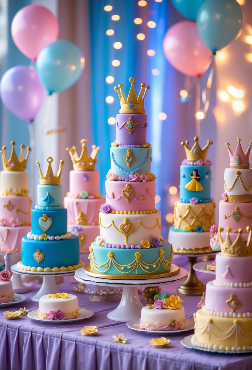 A table displaying seventeen beautifully decorated cakes inspired by different Disney princesses, each with unique colors and designs, set in a festive party environment.