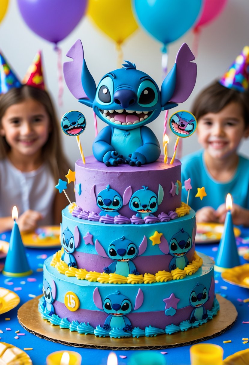 A colorful birthday cake decorated with multiple Stitch-themed figures and frosting, surrounded by balloons and candles on a party table.