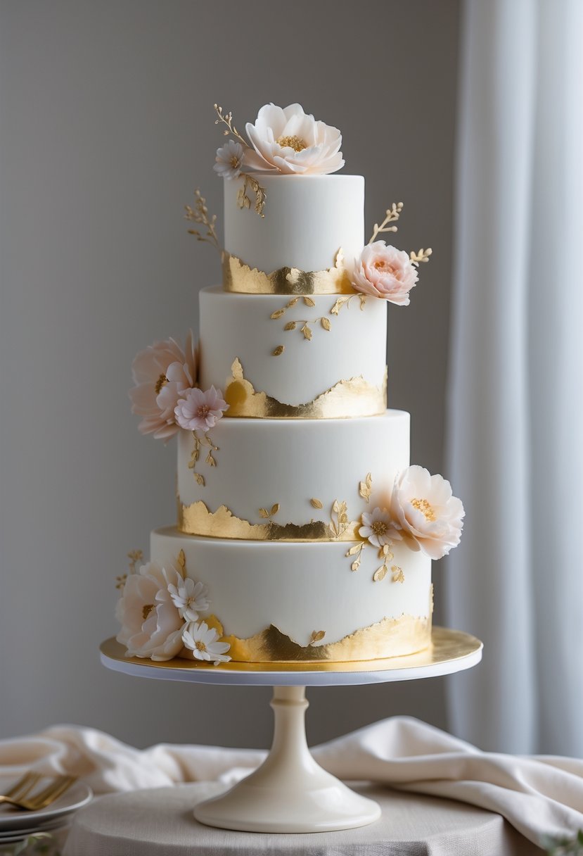 A multi-tiered white cake with gold decorations and small flowers on a cake stand.