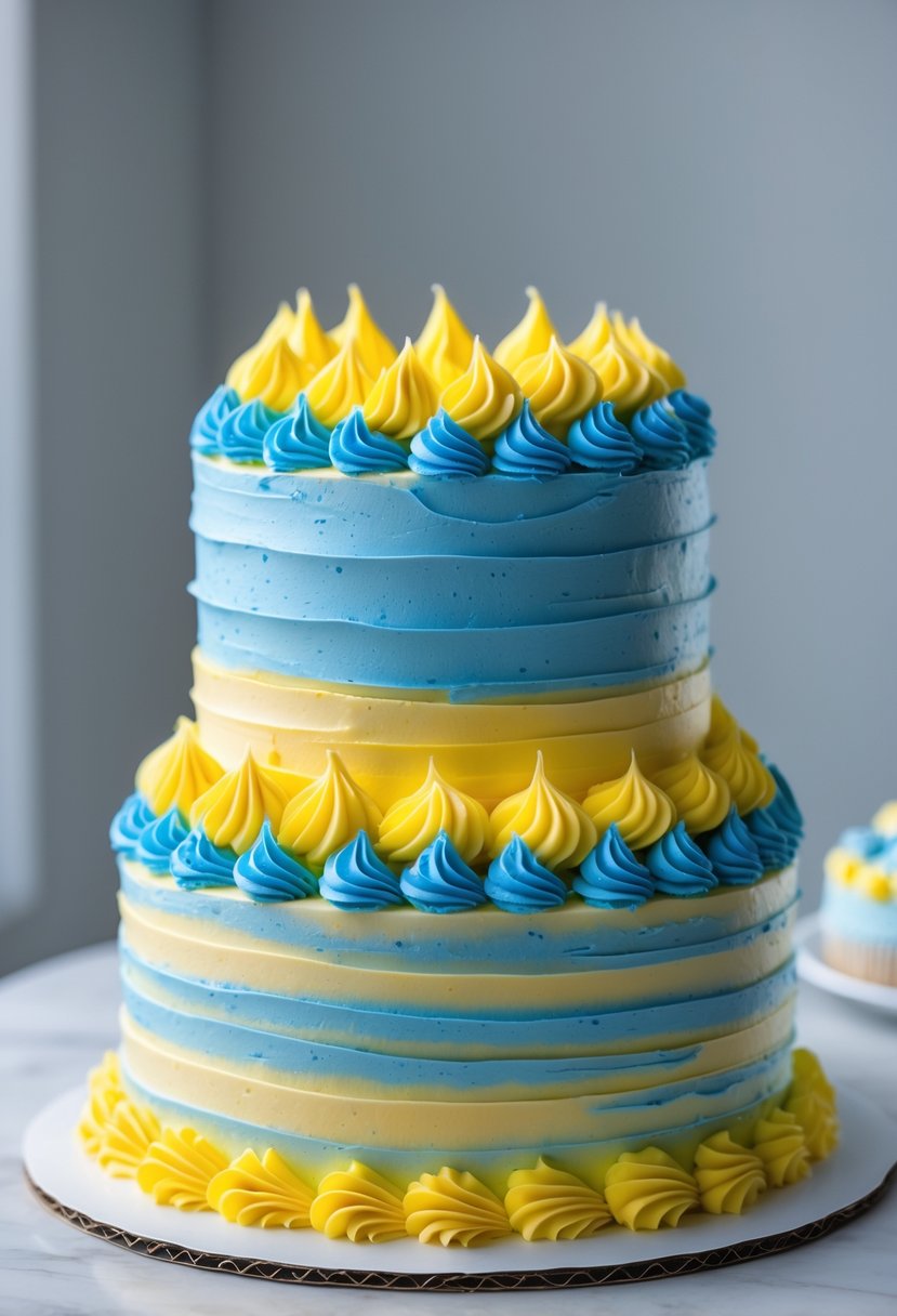 Two-tiered birthday cake decorated with blue and yellow buttercream frosting on a clean surface.