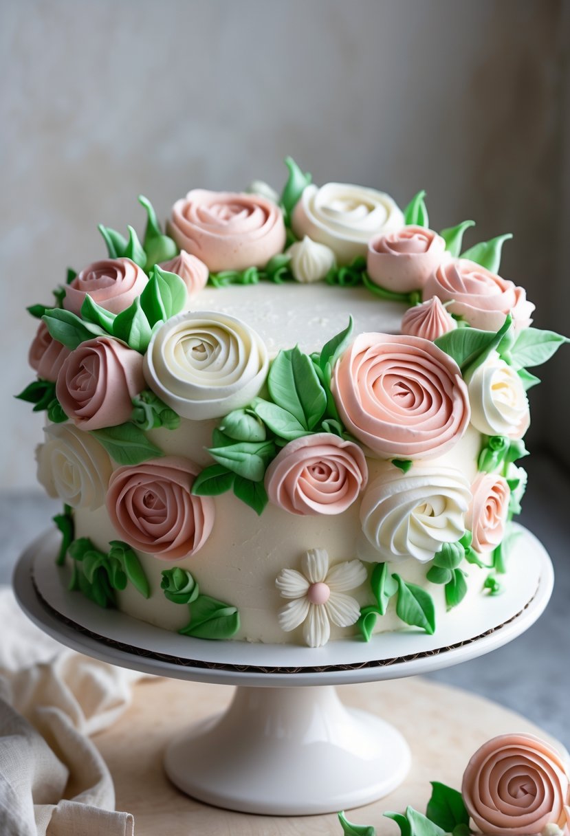 A decorated cake with colorful buttercream flowers on a white cake stand against a neutral background.