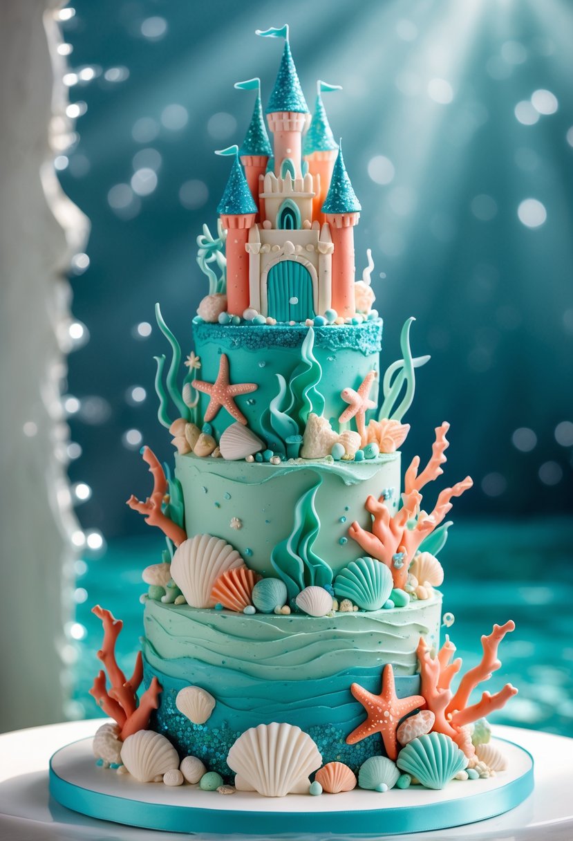 A multi-tiered underwater-themed cake decorated with seashells, starfish, and a small castle on top, set on a white surface.