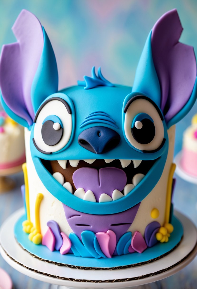 A colorful birthday cake shaped and decorated like Stitch's face with fondant details.