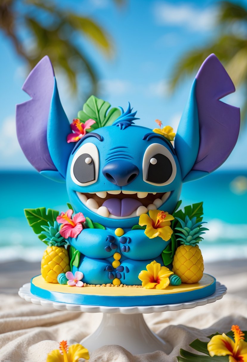 A colorful birthday cake decorated with a blue character resembling Stitch surrounded by tropical flowers and leaves on a white stand with a beach background.