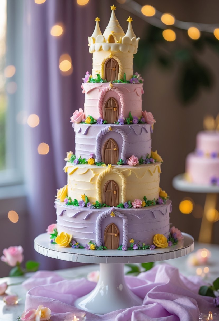 A multi-tiered buttercream cake shaped like a tall tower decorated with pastel flowers and vines on a white cake stand.