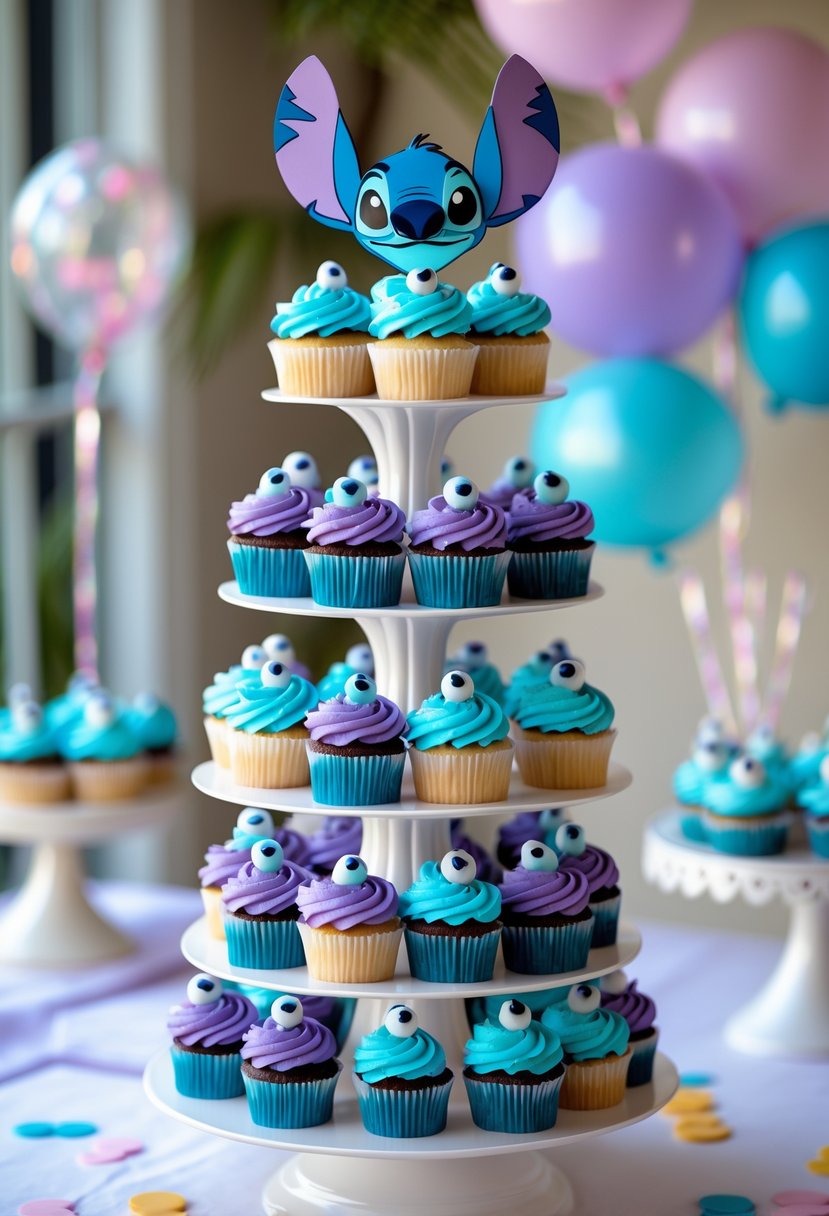 A multi-tiered cupcake tower decorated with colorful icing and edible decorations inspired by the character Stitch, displayed on a white stand with party decorations in the background.