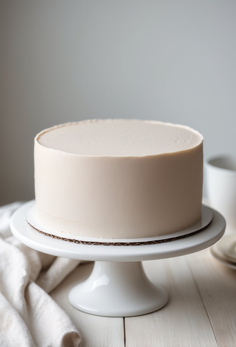 A simple matte finish cake on a white cake stand placed on a wooden table with a blurred neutral background.