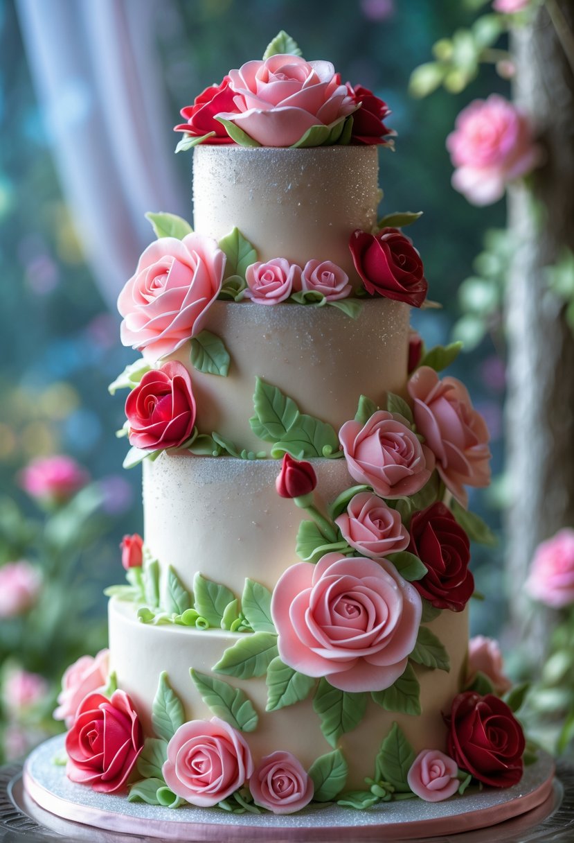 A multi-tiered cake decorated with pink and red roses and green leaves, set against a soft, garden-like background.