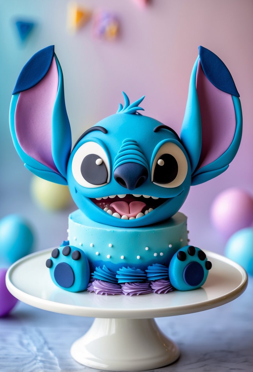 A birthday cake shaped like the character Stitch with large edible sugar eyes, displayed on a white cake stand.