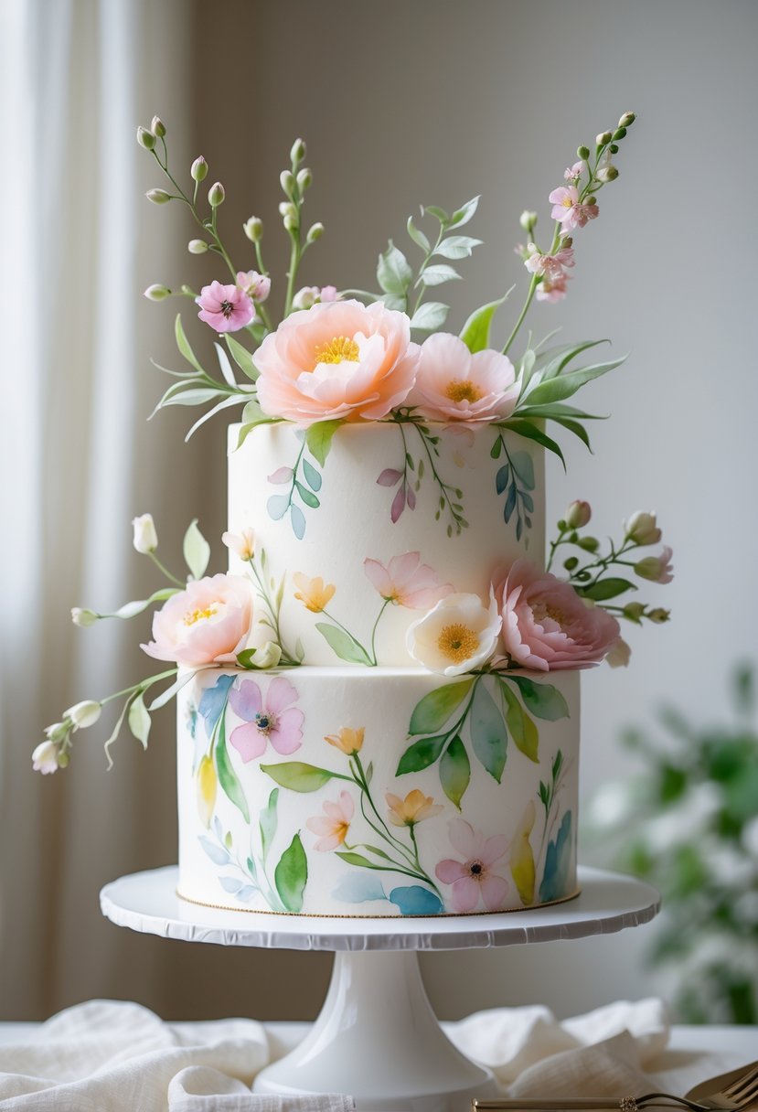 A decorated cake featuring colorful floral designs on a white cake stand with a neutral background.